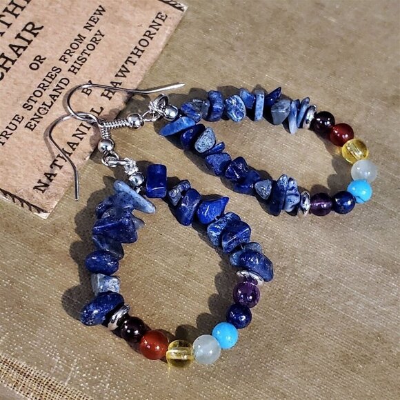 Artisan Jewelry - Lapis Lazuli Chakras Yoga Om Zen Mindful Gemstone Beads Teardrop Earrings